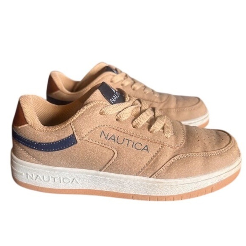 Nautica Lake Edgey Kids Sneakers Tan‎ Brown Navy Blue Size 2 US Low Top Shoes
